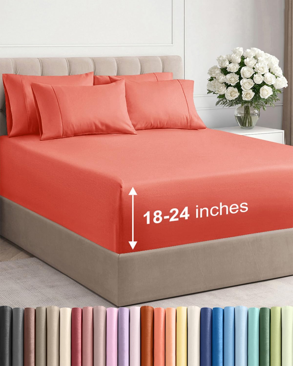 Skiennix Extra Deep Queen Sheet Set - 6-Piece Breathable Cooling Bedding - Soft, Wrinkle-Free Coral