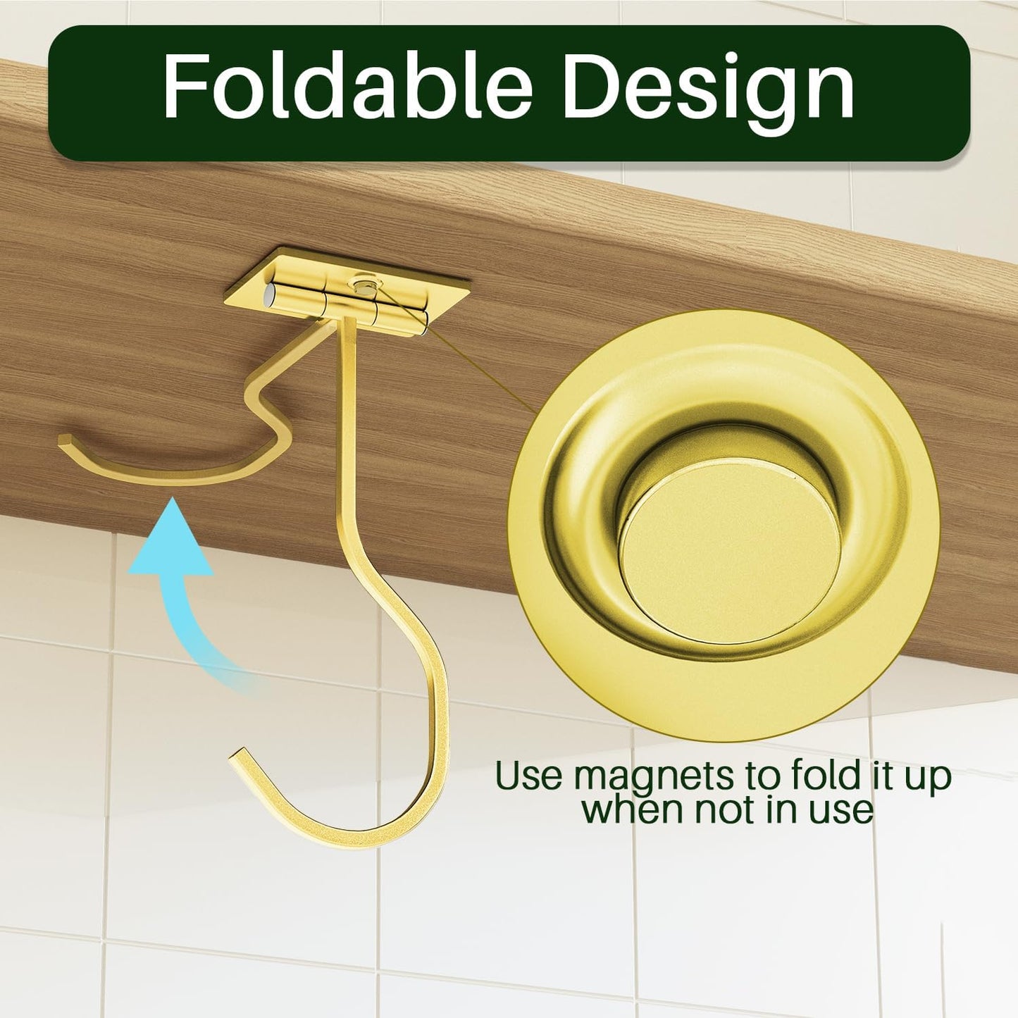 Skiennix Under Cabinet Banana Hook - Foldable Gold Metal Hanger for Kitchen & RV, Space-Saving Design