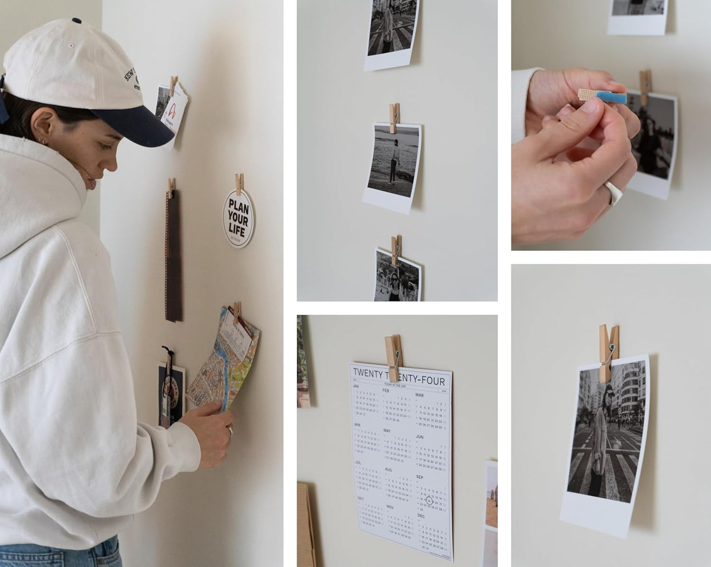 Skiennix Mini Self-Adhesive Clips - 20 Pack Beige Wood Photo Holders for Wall Display & Artwork Decor