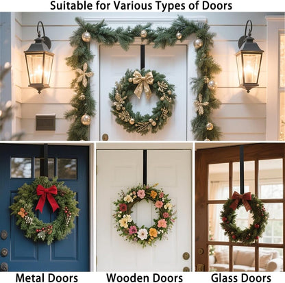 Sattiyrch 15" Wreath Hanger - Sturdy Steel Over The Door Hook for Front Door (White, 2-Pack)