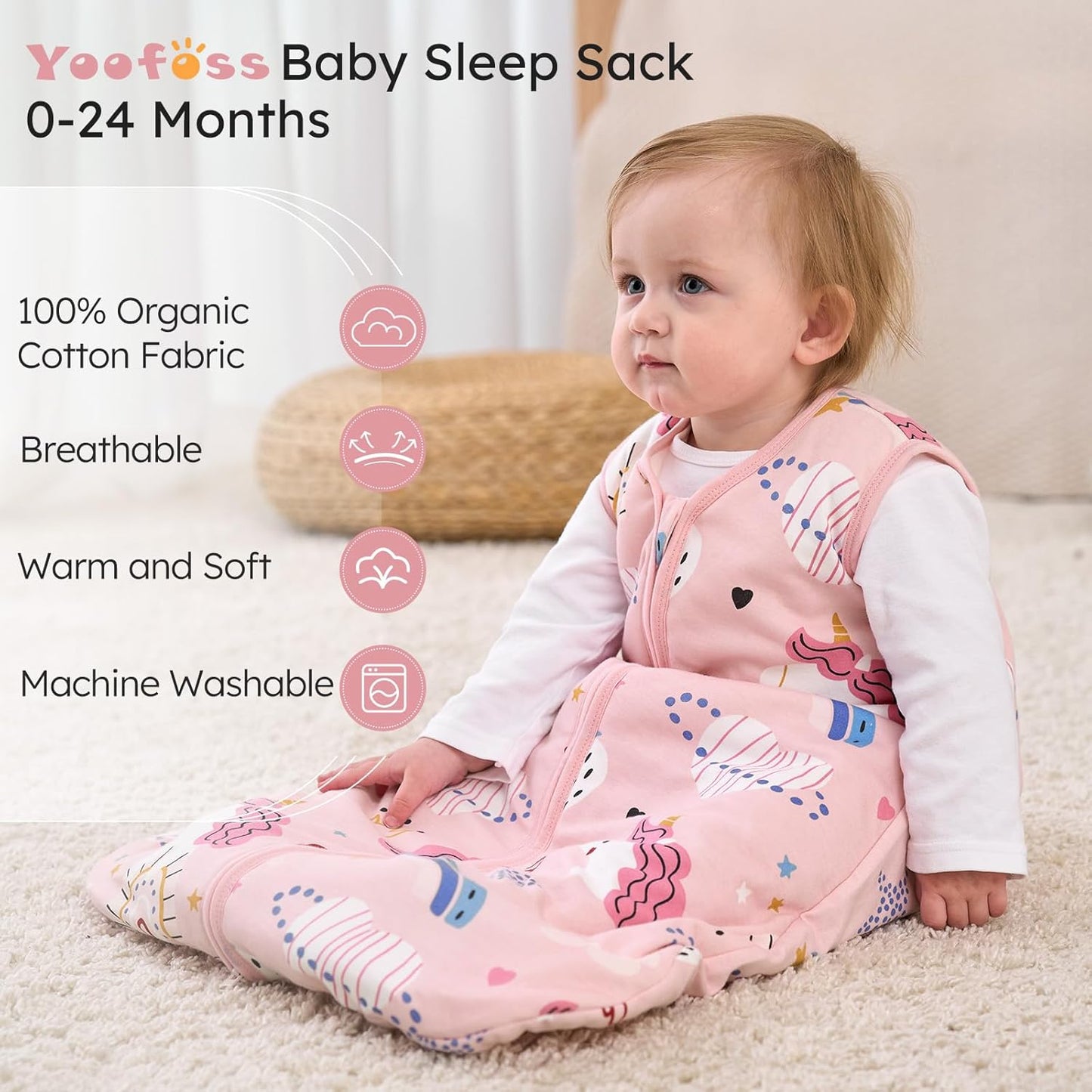 Yoofoss Baby Sleep Sack - 100% Organic Cotton Wearable Blanket for 12-18 Months | TOG 2.5, Soft & Warm