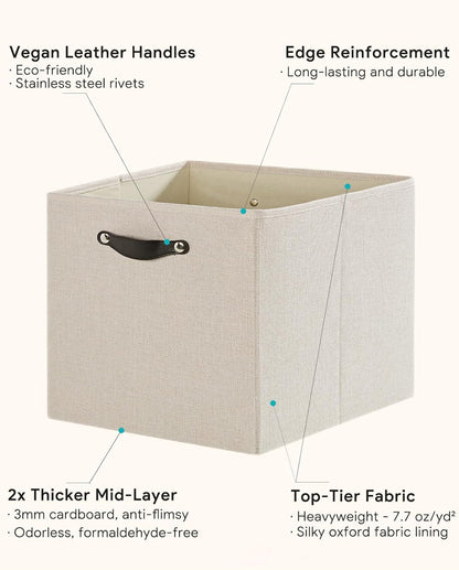 Storage Cube Bins - 6 Pack Fabric Organizer Baskets for Shelves & Closets | 11x11 Inch, Beige
