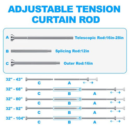 TEECK Shower Curtain Rod, 32-80 inch Adjustable Spring Tension Curtain Rod, Never Rust Anti-Slip Shower Curtain Rod for Bathroom, No Drilling, Never Collapse, Easy to Use, Silver