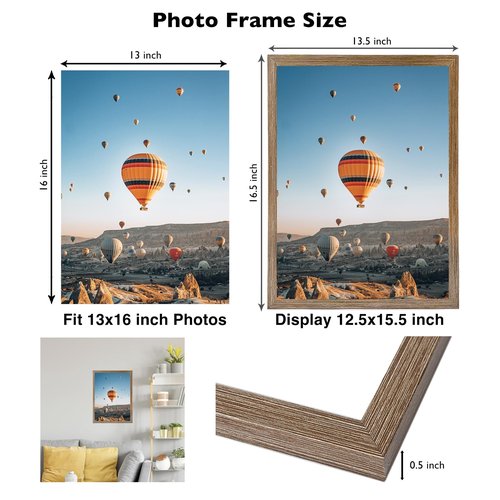 JCJMY 13x16 Picture Frame Rustic Brown for Wall Hanging, Wall Mounting Horizontally or Vertically, 13 x 16 Wall Gallery Poster Photo Frame with Shatter Resistant Plexiglass,Rustic Brown
