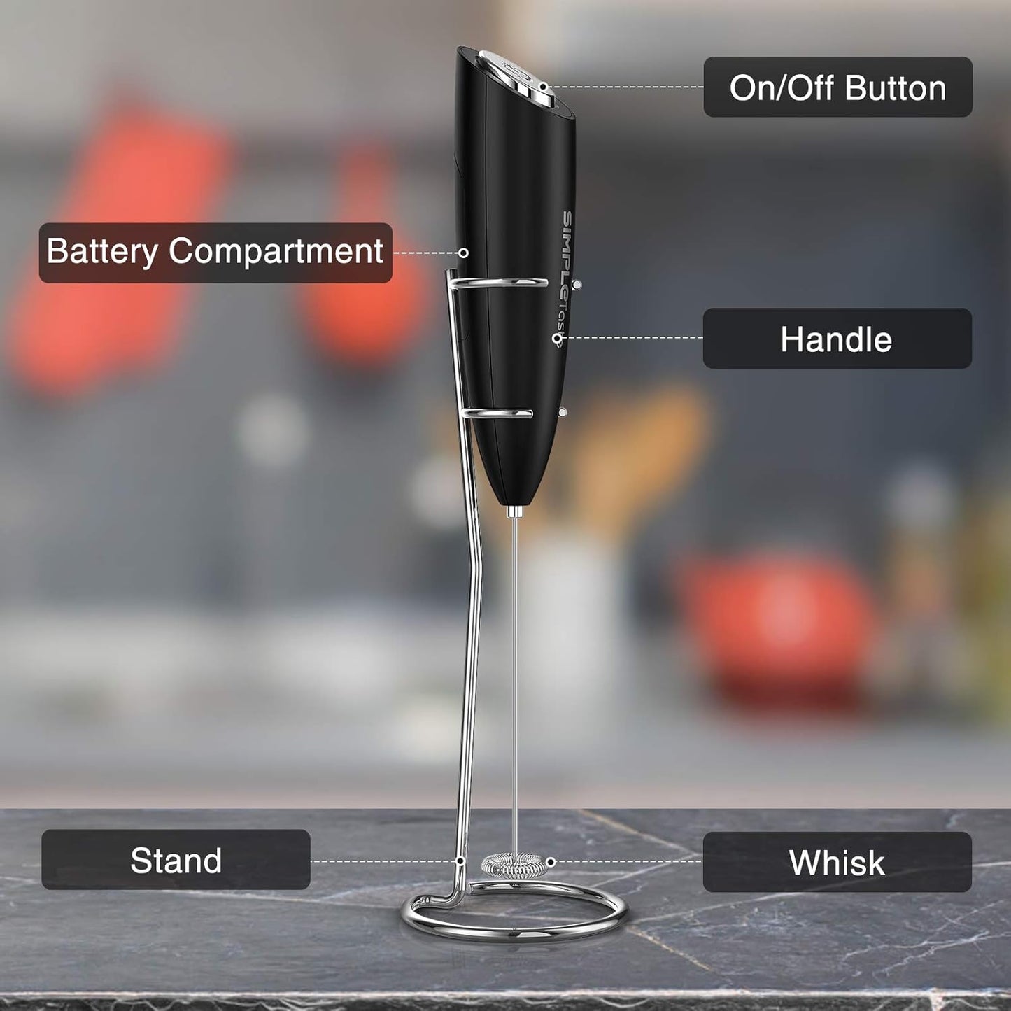 SIMPLETASTE Handheld Electric Milk Frother - Stainless Steel Whisk for Cappuccino & Latte | Black with Stand