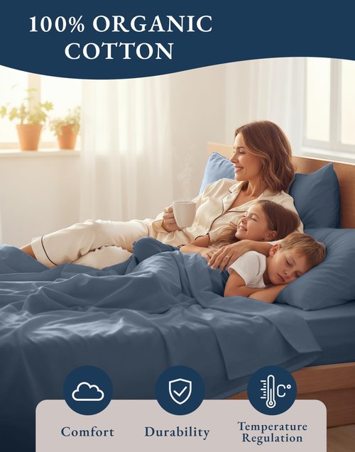 LANE LINEN Eco Friendly 100% Organic Cotton Fully Elasticized Full Sheet Set, Low Pilling Fade Resistant Machine Washable Naturally Cooling Full Bed Sheets, Soft & Comfy Cotton Bedding - Estate Blue