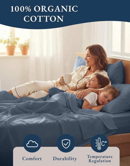 LANE LINEN Eco Friendly 100% Organic Cotton Fully Elasticized Full Sheet Set, Low Pilling Fade Resistant Machine Washable Naturally Cooling Full Bed Sheets, Soft & Comfy Cotton Bedding - Estate Blue