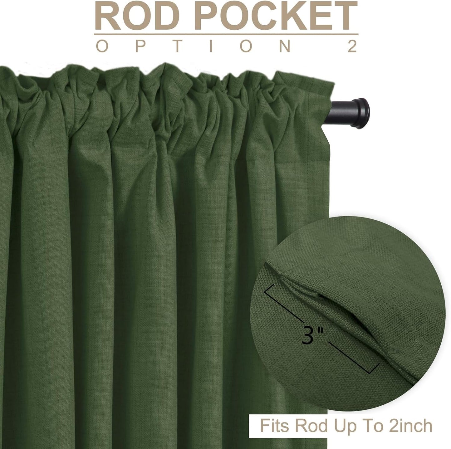 Skiennix 100% Blackout Linen Curtains - Thermal Insulated Drapes, 50" W x 108" L, Moss Green - 2 Panels Set