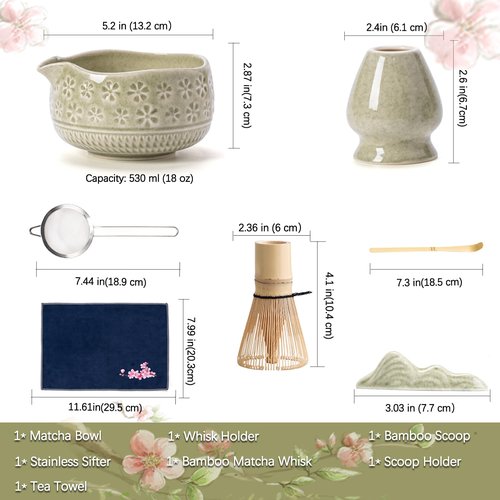 Buucup Matcha Whisk Set, Ceramic Matcha Kit Set Includes Matcha Bowl, Matcha Whisk and Holder, Bamboo Scoop, Scoop Rest, Sifter and Tea Towel - 7 Pcs Matcha Kit for Matcha Lovers (Mottled Green)