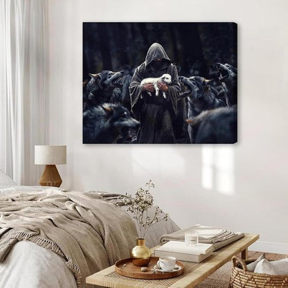 Jesus Saves | Protecting Lamb from Wolves Art - Christian Wall Decor Canvas Print 12"x16"