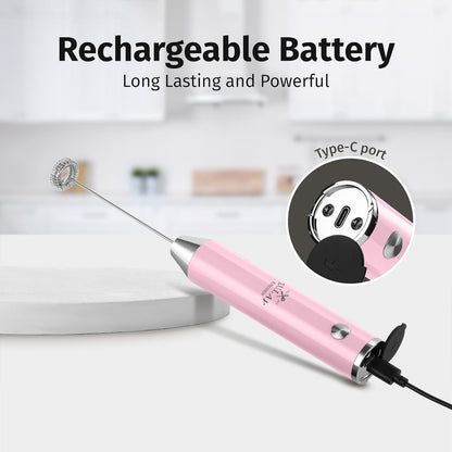 Zulay Kitchen Rechargeable Milk Frother - Powerful 2-Speed Motor, Waterproof Design | Pink Bubblegum Color