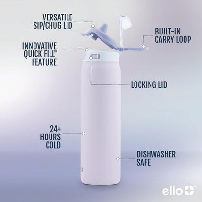 Ello Insulated Stainless Steel Water Bottle - Quick Fill Lid, Leakproof Spout, BPA-Free | 22oz, 32oz, 40oz
