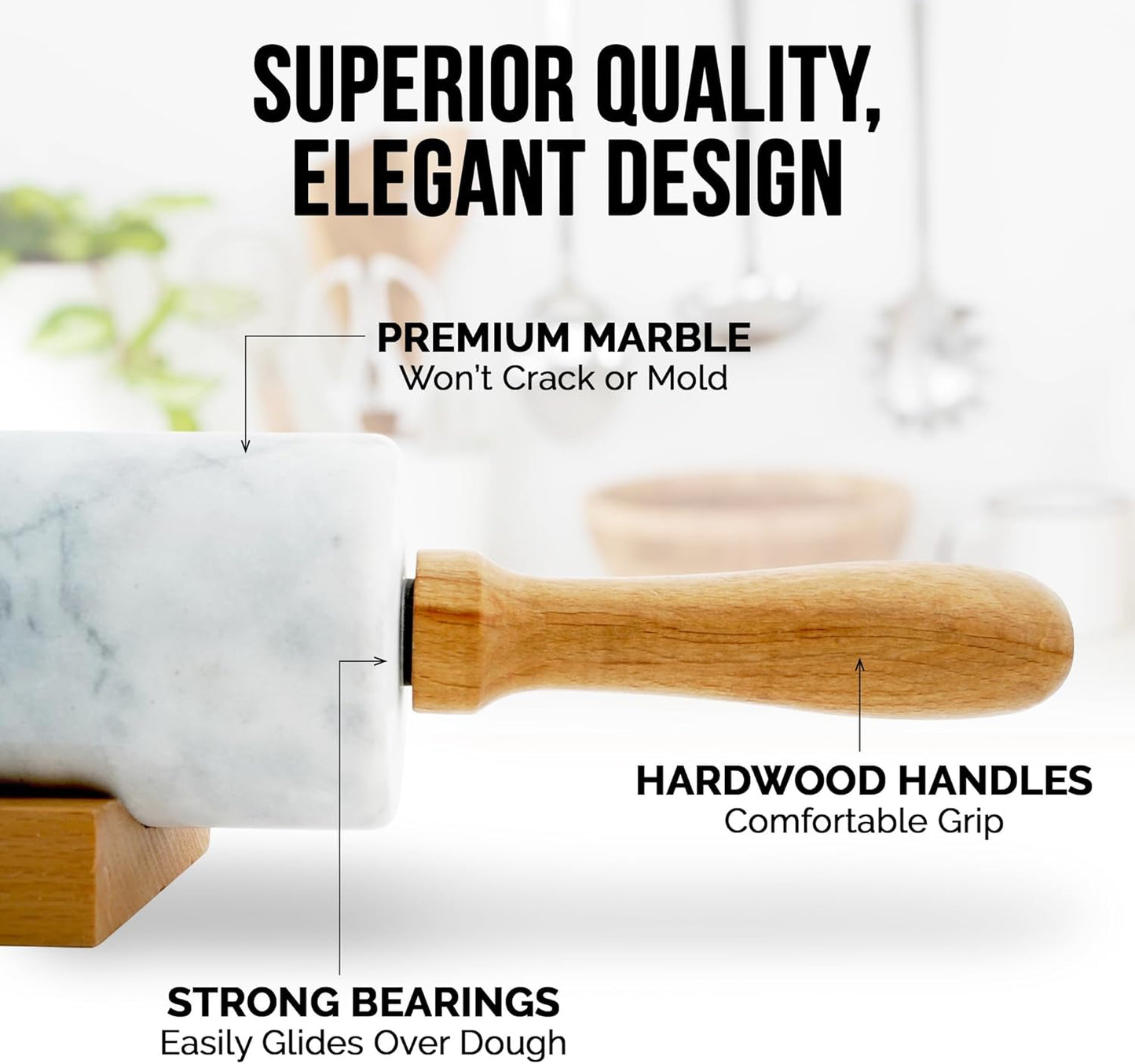 Zulay Kitchen Marble Rolling Pin - 17-Inch Polished Marble With Beechwood Handle | Non-Stick Baking Tool