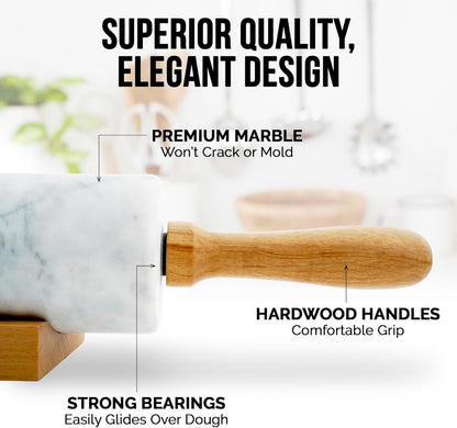 Zulay Kitchen Marble Rolling Pin - 17-Inch Polished Marble With Beechwood Handle | Non-Stick Baking Tool