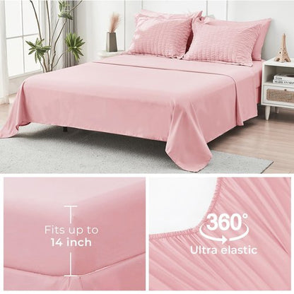 HYMOKEGE Pink Twin Comforter Set Seersucker 5 Pieces, All Season Luxury Bed in a Bag for Bedroom, Bedding Set with Comforters, Sheets, Pillowcase & Sham
