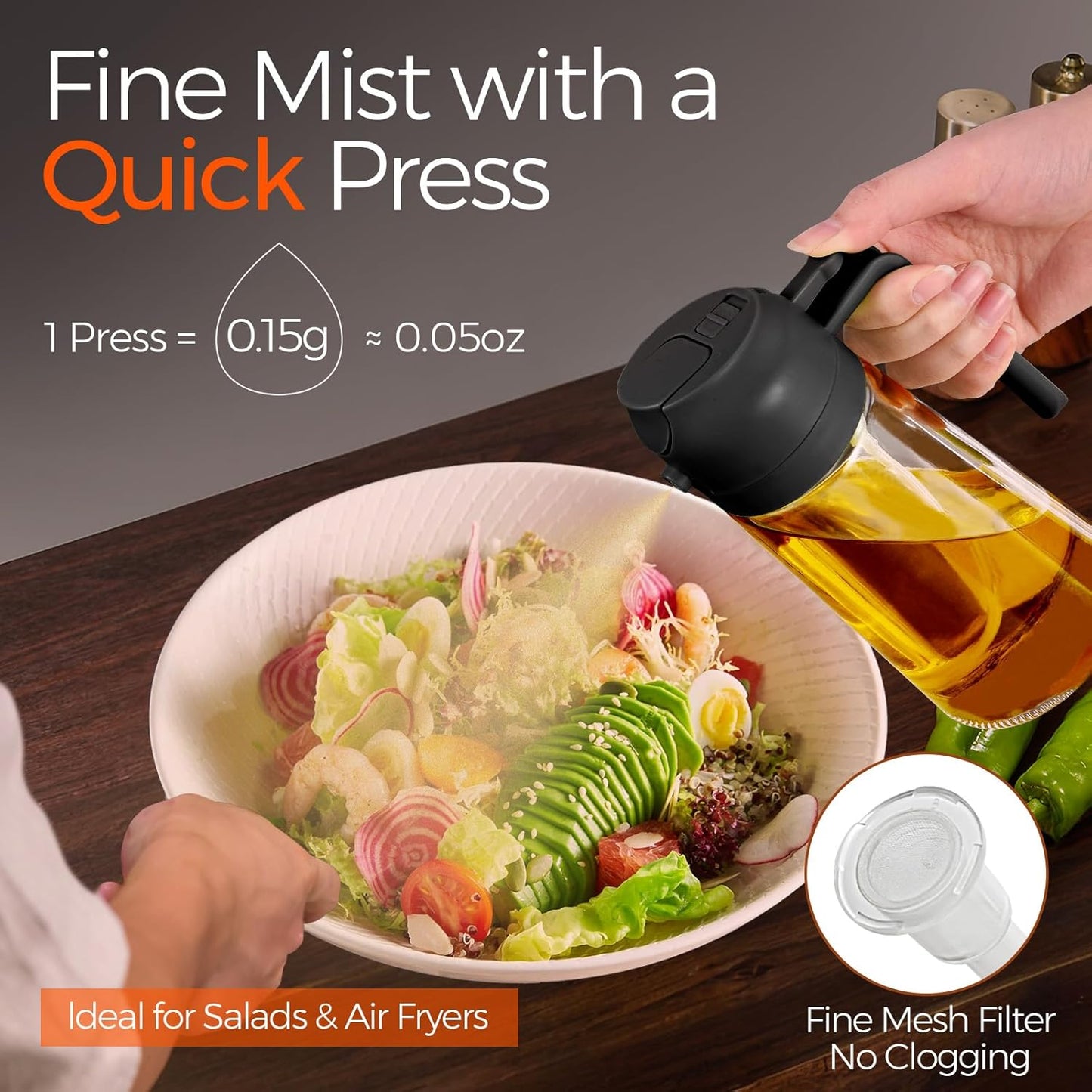 YARRAMATE Glass Olive Oil Sprayer - 16oz with Black Finish | Includes 180ml Measuring Cup & Frother