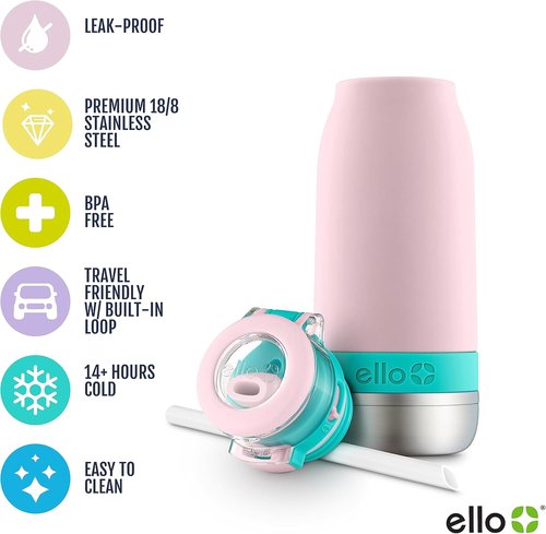 Ello Emma 14oz Kids Water Bottle - Vacuum Insulated, Leak-Proof Lid & Straw | Perfect for School & Sports