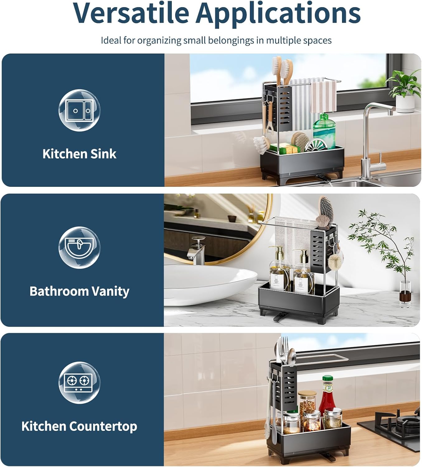 Skiennix Kitchen Sink Caddy - Rustproof Sponge Holder with Brush & Dishcloth Rack | Black