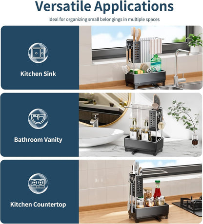 Skiennix Kitchen Sink Caddy - Rustproof Sponge Holder with Brush & Dishcloth Rack | Black