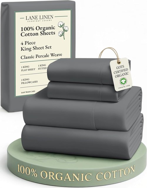 **LANE LINEN 100% Organic Cotton King Size Sheets - Soft, Eco-Friendly, Machine Washable | Charcoal Color**