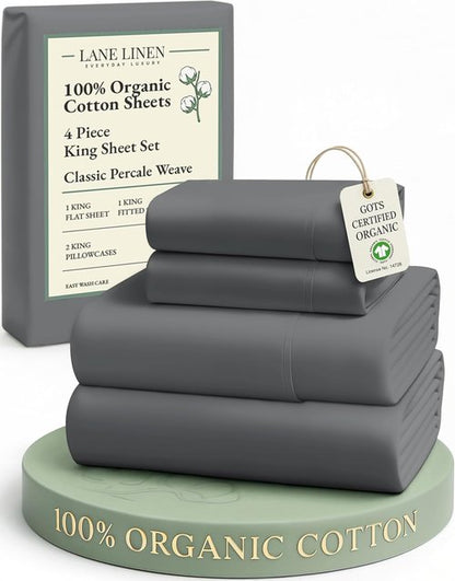 **LANE LINEN 100% Organic Cotton King Size Sheets - Soft, Eco-Friendly, Machine Washable | Charcoal Color**