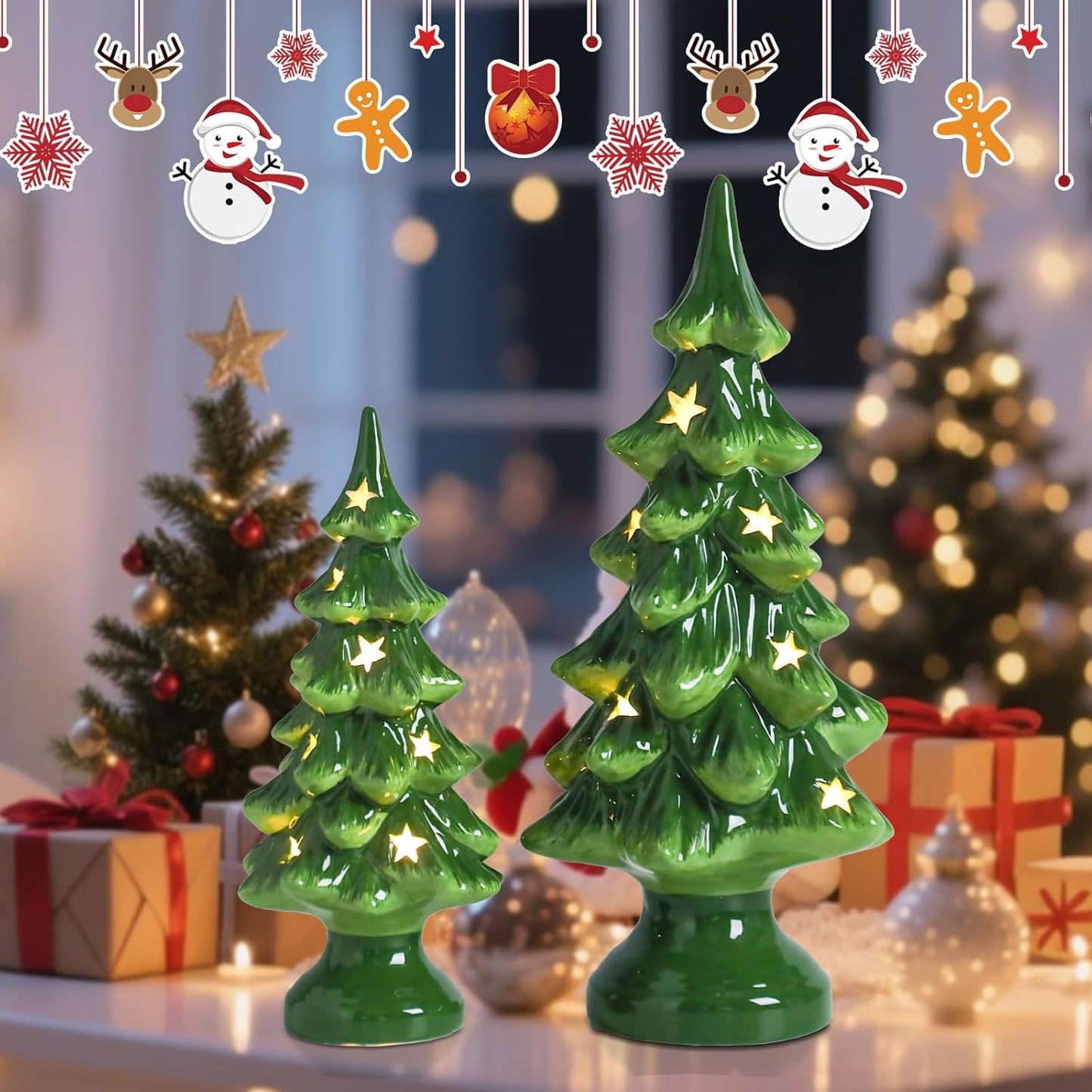 Taman Ceramic Christmas Tree Set - Light Up Tabletop Decor with Warm Lights | 10” & 7.5” Sizes