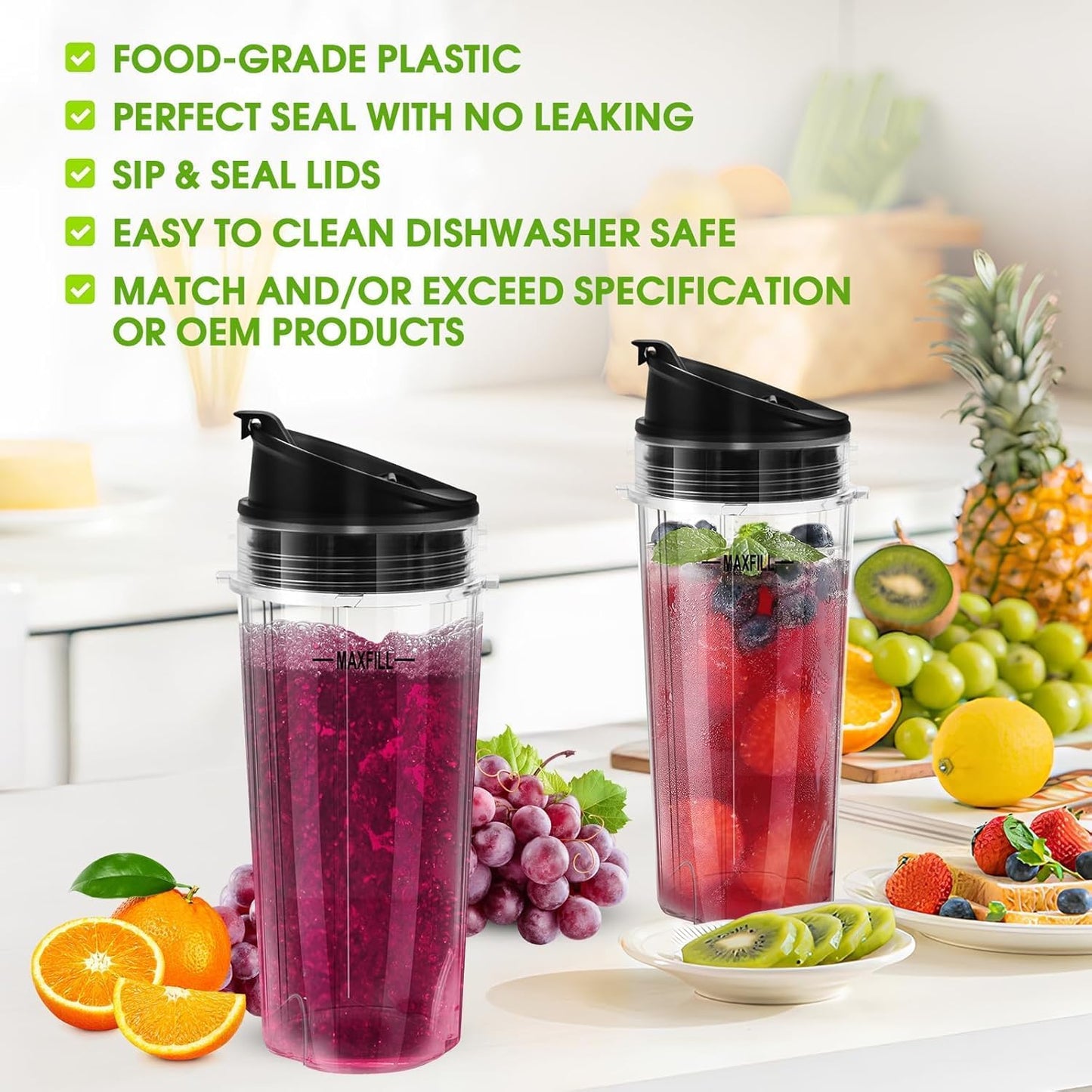 Ninja Blender Cups - 16oz Replacement Cups with Lids | 3-Pack Compatible with Ninja QB3001SS, BL770, BL780, BL660, BL740, BL810