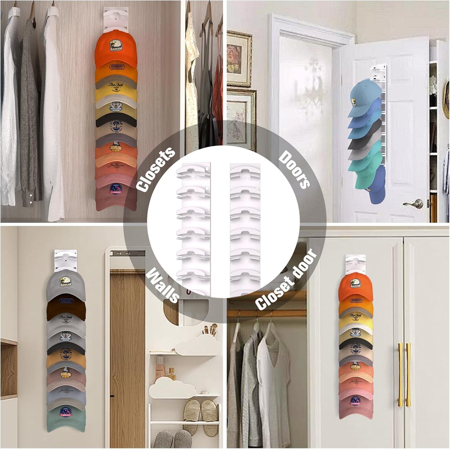 Skiennix Hat Organizer - Wall-Mounted Rack for 20 Baseball Caps | Strong Adhesive, Multi-Layer Storage (White)