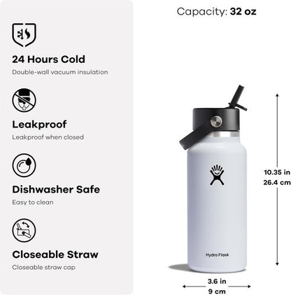 Hydro Flask Water Bottle - Insulated Stainless Steel with Wide Mouth Flex Straw Lid | 32 Oz Violet, Leakproof & Refillable