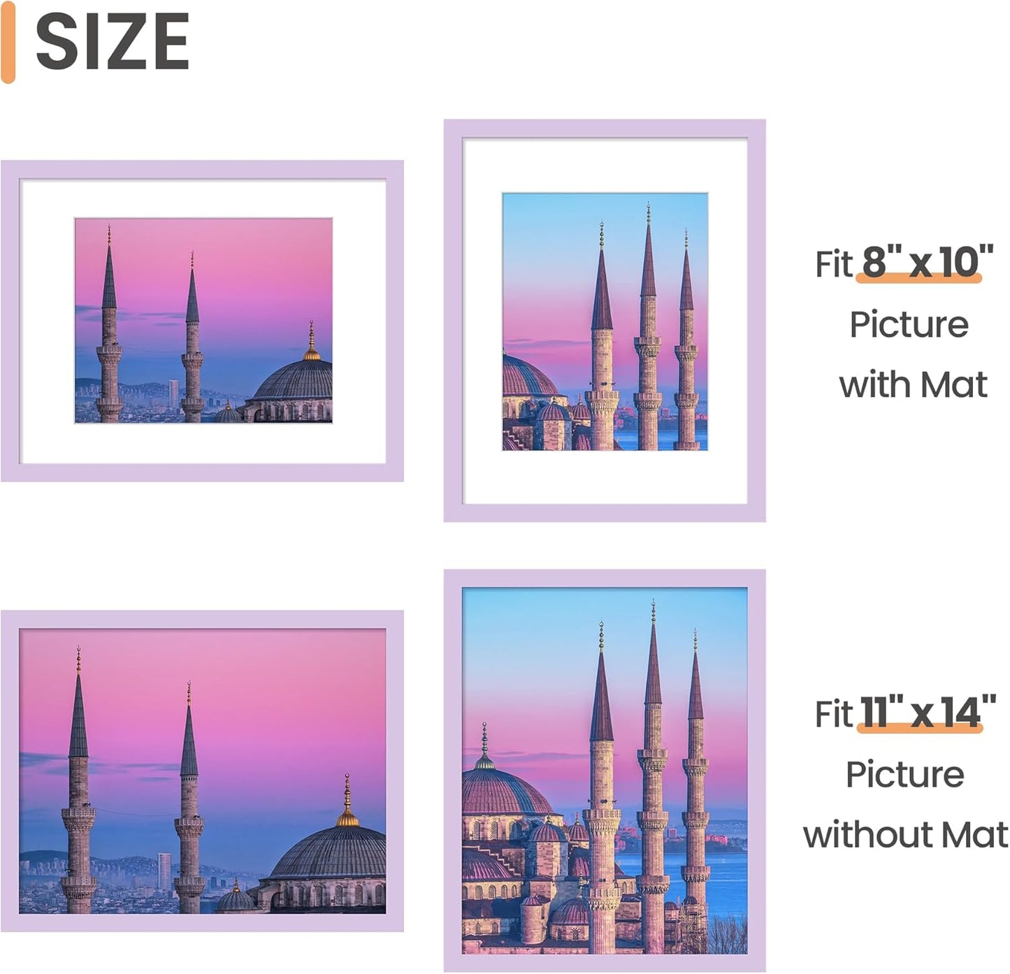 Upsimples 11x14 Picture Frame - Versatile Display for 8x10 with Mat or 11x14 Without - Purple, 1 Pack