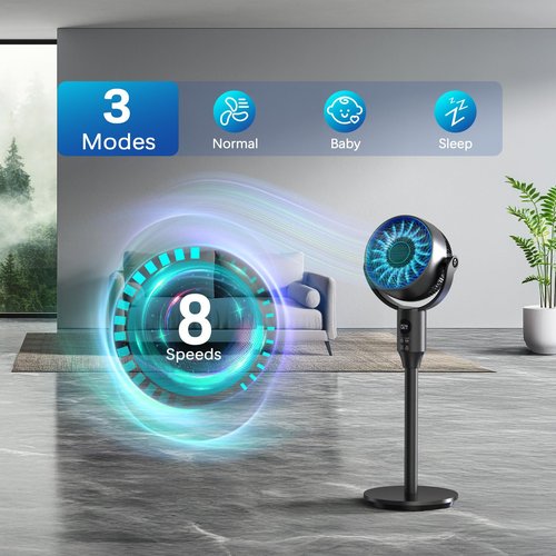 JYMIPA Oscillation Standing Fan for Bedroom, 79ft Airflow Whisper Quiet Pedestal Fan with 3 Modes, 8 Speeds, 90° Air Circulator with Remote, Timer, 24-42" Adjustable Height Desk Fan for Home Office