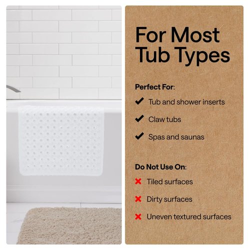 GORILLA GRIP Patented Bath Tub Shower Mat, 2 Pack, Machine Washable Bathtub Floor Liner Mats, Suction Cups and Drain Holes to Keep Tubs Clean, Soft on Feet, Bathroom Essentials, 35x16 Inch, White