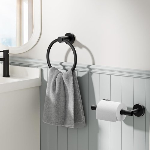 FORIOUS Toilet Paper Holder Set - SUS304 Stainless Steel Double Post & Hand Towel Ring | Matte Black Finish