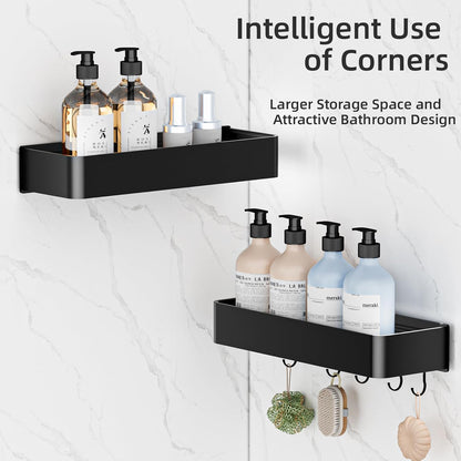 Wisfame Shower Caddy - No Drill Rustproof Bathroom Shelf | Large Capacity Aluminum Organizer with 5 Hooks - Black