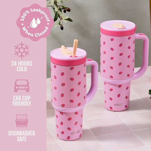 Ello Oasis 40oz Stainless Steel Tumbler - Insulated Design with Straw - Vibrant Strawberries