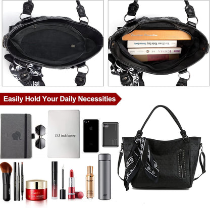 Zuoge Women’s Skull Tote Bag - Revit Studded PU Leather Handbag & Wallet Set with Scarf (3 Pcs)