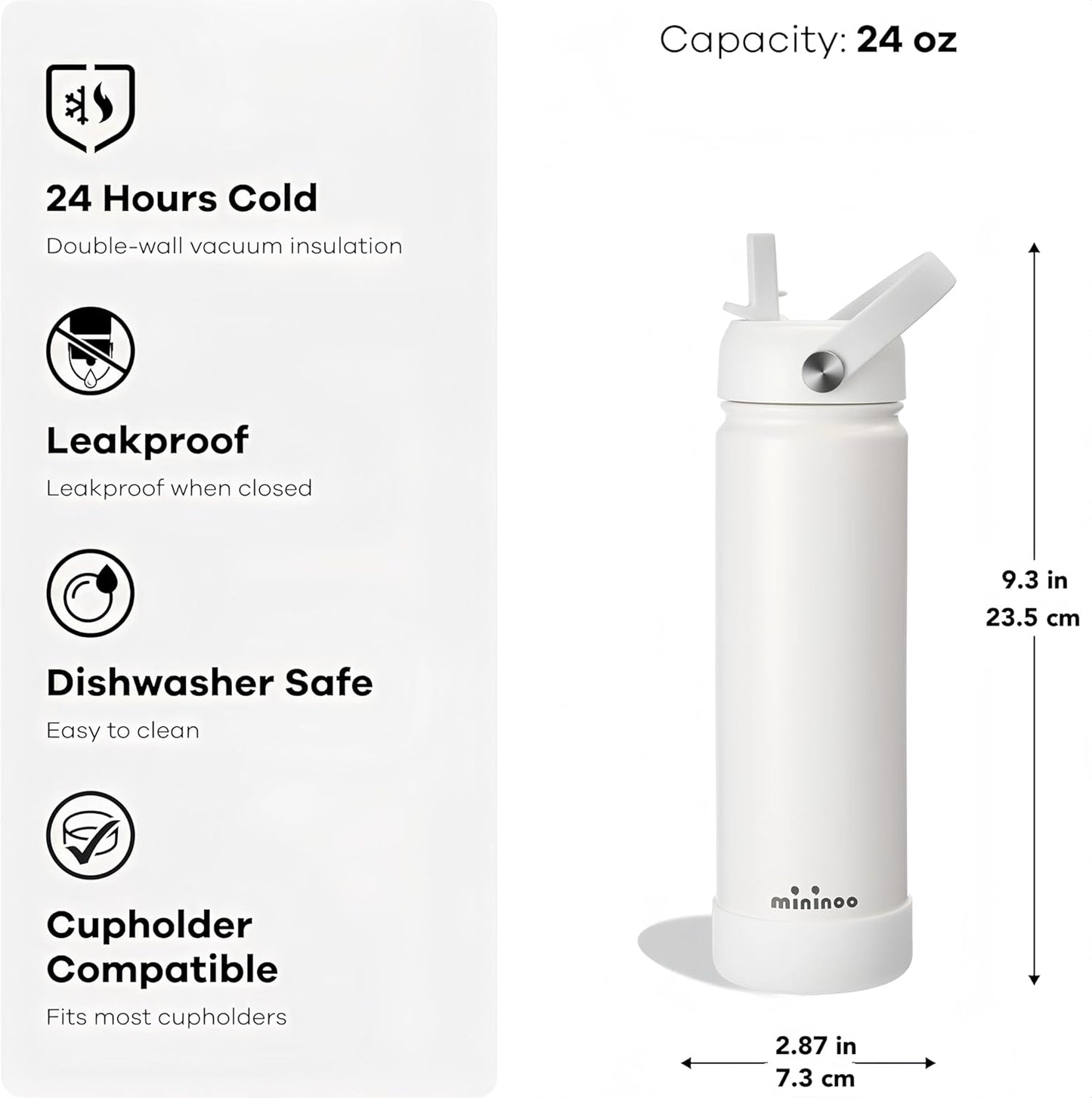 Mininoo Insulated Stainless Steel Water Bottle - 24 oz with Straw & Lid | Durable White Design