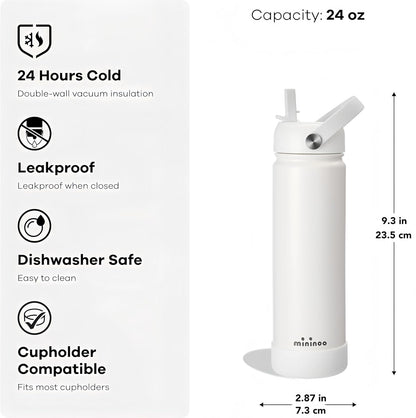 Mininoo Insulated Stainless Steel Water Bottle - BPA-Free, Leak-Proof Design, 24 oz, White