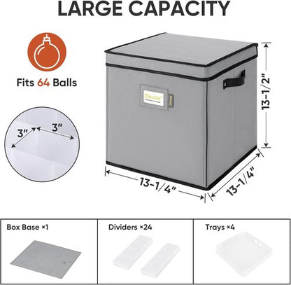 BALEINE Christmas Ornament Storage Box - Premium Container with Dividers for 64 Balls | Grey, Durable Design