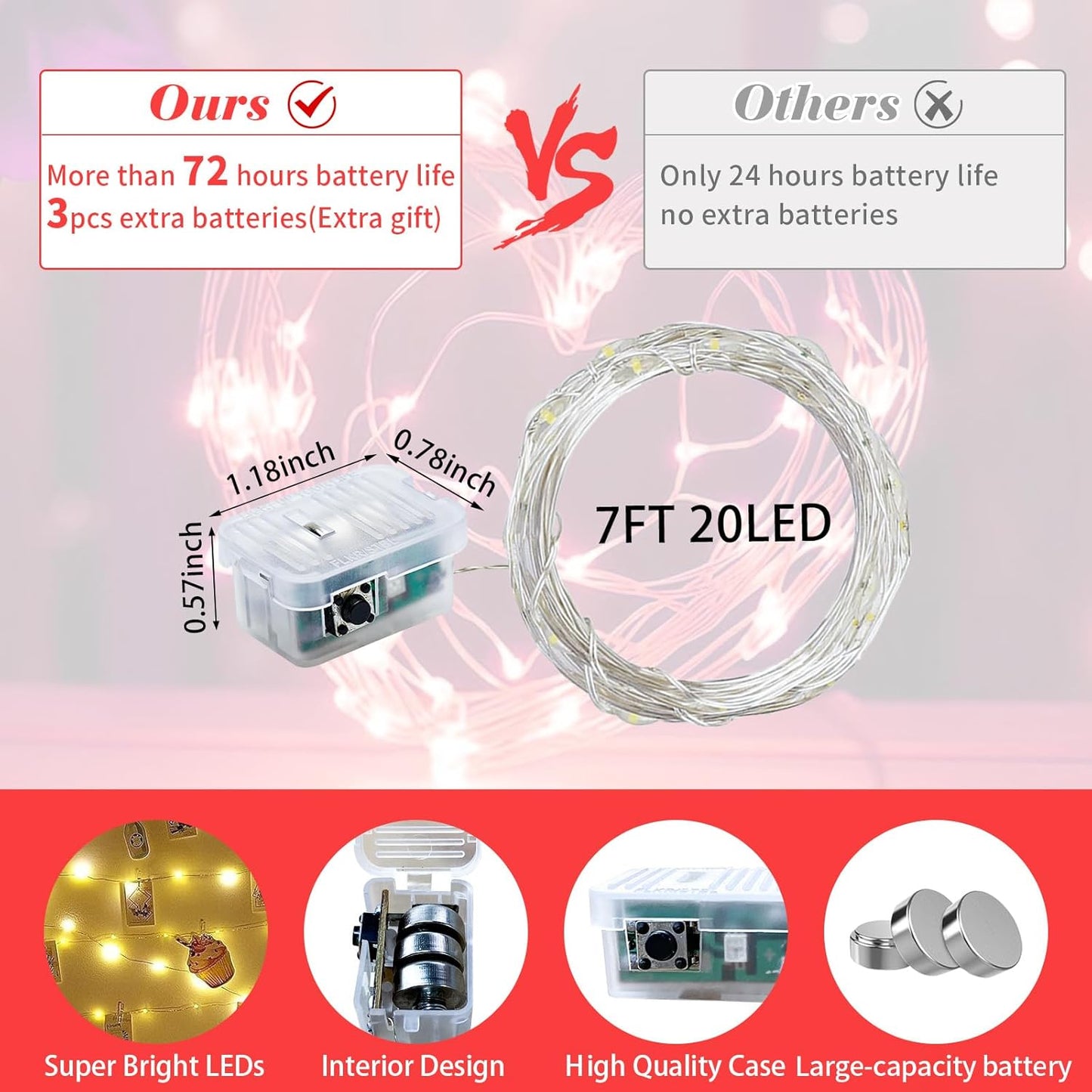 Skiennix 20 LED Red Fairy String Lights - 7Ft Waterproof Twinkle Lights for Parties & Holidays