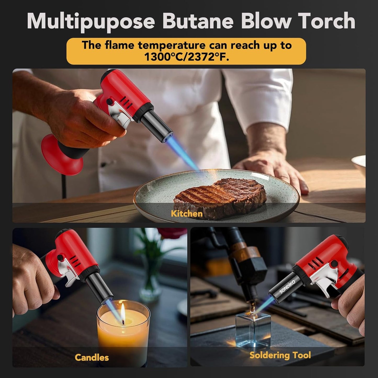 Sondiko Butane Torch Lighter - Refillable Soldering Torch with Adjustable Flame & Visible Fuel Window