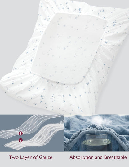 Momcozy Fitted Crib Sheets - Soft Breathable Natural Cotton, 2 Pack, 52"x28", Blue Star Moon Design