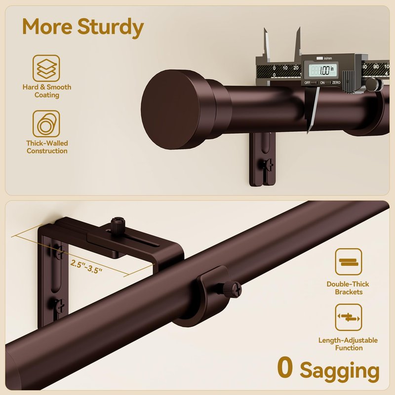 YaFex Curtain Rods 2 Pack 32-84 Inch, Heavy Duty 1 Inch Curtain Rod, Bronze Long Adjustable Window Treatment Rods, Modern Design, Easy Installation