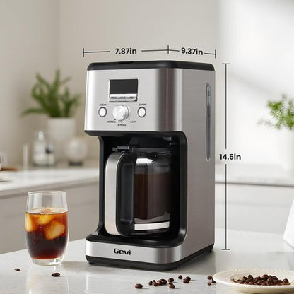 Gevi 14-Cup Programmable Coffee Maker - Drip Machine with Normal & Strong Brew | Silver Glass Carafe