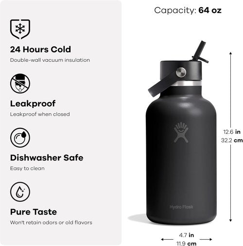 Hydro Flask Water Bottle - Insulated Stainless Steel | 64 Oz Harbor Blue - Wide Straw Lid, Leakproof