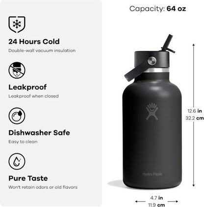 Hydro Flask Water Bottle - Insulated Stainless Steel | 64 Oz Harbor Blue - Wide Straw Lid, Leakproof