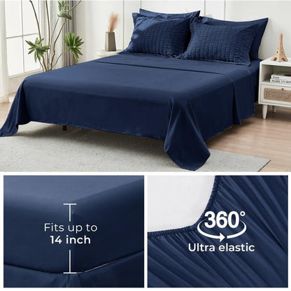 HYMOKEGE Navy Blue California King Comforter Set Seersucker 7 Pieces, All Season Luxury Bed in a Bag for Bedroom, Bedding Set with Comforters, Sheets, Pillowcases & Shams