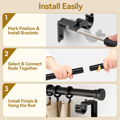 YaFex Curtain Rods - Heavy Duty 1 Inch Adjustable Window Treatment Rods | 32-58 Inch, Modern Black Design