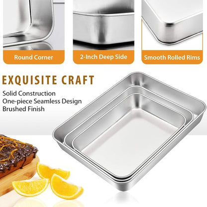 E-far Stainless Steel Baking Pans Set of 3 | Non-Toxic Rectangle Bakeware for Cakes, Lasagna & More - 12.5/10.5/9.4 Inch