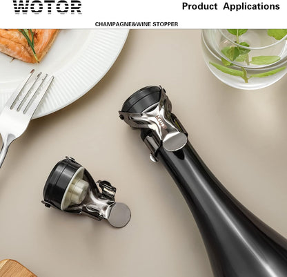 WOTOR Champagne&Wine Bottle Stoppers Stainless Steel with Food Grade Silicone, Leak Proof Keep Fresh Reusable Saver, Cork Suitable for Wine, Champagne, Cava, Prosecco and Sparkling (4 Pack Black）